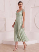 A Line Cocktail Dresses V Neck Sequin Cap Sleeves Tea Length Evening Party Dresses with Beads/Back Zipper