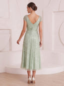 A Line Cocktail Dresses V Neck Sequin Cap Sleeves Tea Length Evening Party Dresses with Beads/Back Zipper