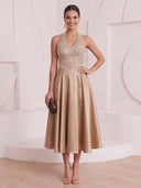 A Line Cocktail Dresses Halter Satin Sleeveless Tea Length Evening Party Dresses with Beads/Back Zipper