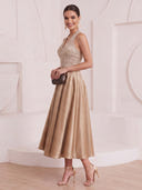 A Line Cocktail Dresses Halter Satin Sleeveless Tea Length Evening Party Dresses with Beads/Back Zipper