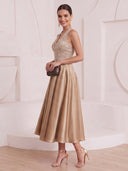 A Line Cocktail Dresses Halter Satin Sleeveless Tea Length Evening Party Dresses with Beads/Back Zipper