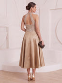 A Line Cocktail Dresses Halter Satin Sleeveless Tea Length Evening Party Dresses with Beads/Back Zipper