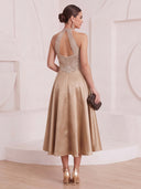 A Line Cocktail Dresses Halter Satin Sleeveless Tea Length Evening Party Dresses with Beads/Back Zipper