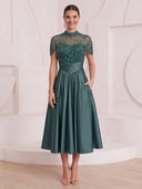A Line Cocktail Dresses High Neck Satin Cap Sleeves Tea Length Evening Party Dresses with Beads/Back Zipper