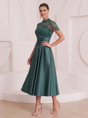 A Line Cocktail Dresses High Neck Satin Cap Sleeves Tea Length Evening Party Dresses with Beads/Back Zipper