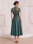A Line Cocktail Dresses High Neck Satin Cap Sleeves Tea Length Evening Party Dresses with Beads/Back Zipper