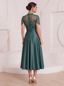 A Line Cocktail Dresses High Neck Satin Cap Sleeves Tea Length Evening Party Dresses with Beads/Back Zipper