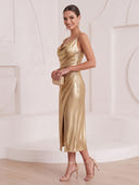 Sheath/Column Cocktail Dresses with Slit Metallic Satin V Neck Sleeveless Tea Length New Year's Party Dresses with Pleats/Back Zipper