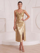 Sheath/Column Cocktail Dresses with Slit Metallic Satin V Neck Sleeveless Tea Length New Year's Party Dresses with Pleats/Back Zipper