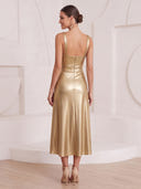Sheath/Column Cocktail Dresses with Slit Metallic Satin V Neck Sleeveless Tea Length New Year's Party Dresses with Pleats/Back Zipper