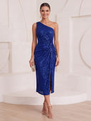 Sheath/Column Cocktail Dresses with Slit Metallic One Shoulder Sequin Sleeveless Tea Length Evening Party Dresses with Pleats/Back Zipper