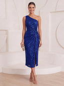 Sheath/Column Cocktail Dresses with Slit Metallic One Shoulder Sequin Sleeveless Tea Length Evening Party Dresses with Pleats/Back Zipper