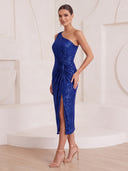 Sheath/Column Cocktail Dresses with Slit Metallic One Shoulder Sequin Sleeveless Tea Length Evening Party Dresses with Pleats/Back Zipper