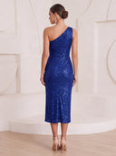 Sheath/Column Cocktail Dresses with Slit Metallic One Shoulder Sequin Sleeveless Tea Length Evening Party Dresses with Pleats/Back Zipper