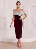 Sheath/Column Cocktail Dresses Off Shoulder Velvet Sleeveless Tea Length New Year's Evening Party Dresses with Sequin/Back Zipper