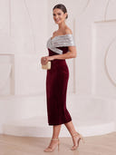 Sheath/Column Cocktail Dresses Off Shoulder Velvet Sleeveless Tea Length New Year's Evening Party Dresses with Sequin/Back Zipper