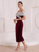 Sheath/Column Cocktail Dresses Off Shoulder Velvet Sleeveless Tea Length New Year's Evening Party Dresses with Sequin/Back Zipper