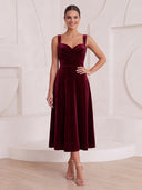 A Line Cocktail Dresses V Neck Velvet Sleeveless Tea Length New Year's Evening Party Dresses with Sequin/Back Zipper