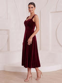 A Line Cocktail Dresses V Neck Velvet Sleeveless Tea Length New Year's Evening Party Dresses with Sequin/Back Zipper