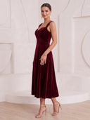 A Line Cocktail Dresses V Neck Velvet Sleeveless Tea Length New Year's Evening Party Dresses with Sequin/Back Zipper