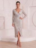 Sheath/Column Cocktail Dresses with Slit V Neck Sequin Long Sleeves Tea Length Evening Party Dresses with Pleats/Back Zipper