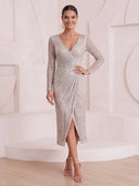 Sheath/Column Cocktail Dresses with Slit V Neck Sequin Long Sleeves Tea Length Evening Party Dresses with Pleats/Back Zipper