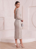 Sheath/Column Cocktail Dresses with Slit V Neck Sequin Long Sleeves Tea Length Evening Party Dresses with Pleats/Back Zipper