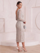Sheath/Column Cocktail Dresses with Slit V Neck Sequin Long Sleeves Tea Length Evening Party Dresses with Pleats/Back Zipper