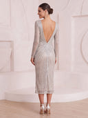 Sheath/Column Cocktail Dresses with Slit V Neck Sequin Long Sleeves Tea Length Evening Party Dresses with Pleats/Back Zipper