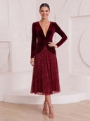 A Line Cocktail Dresses V Neck Velvet Long Sleeves Tea Length New Year's Evening Party Dresses with Pleats/Back Zipper