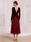 A Line Cocktail Dresses V Neck Velvet Long Sleeves Tea Length New Year's Evening Party Dresses with Pleats/Back Zipper