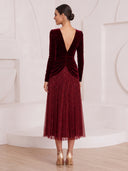 A Line Cocktail Dresses V Neck Velvet Long Sleeves Tea Length New Year's Evening Party Dresses with Pleats/Back Zipper