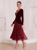 A Line Cocktail Dresses V Neck Velvet Long Sleeves Tea Length New Year's Evening Party Dresses with Pleats/Back Zipper