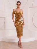 Mermaid Cocktail Dresses Off Shoulder Gold Velvet Tea Length New Year's Evening Party Dresses with Flower/Back Zipper