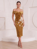 Mermaid Cocktail Dresses Off Shoulder Gold Velvet Tea Length New Year's Evening Party Dresses with Flower/Back Zipper
