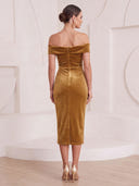 Mermaid Cocktail Dresses Off Shoulder Gold Velvet Tea Length New Year's Evening Party Dresses with Flower/Back Zipper