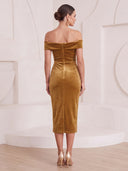 Mermaid Cocktail Dresses Off Shoulder Gold Velvet Tea Length New Year's Evening Party Dresses with Flower/Back Zipper