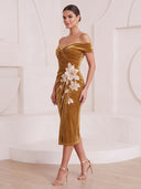 Mermaid Cocktail Dresses Off Shoulder Gold Velvet Tea Length New Year's Evening Party Dresses with Flower/Back Zipper
