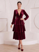 A Line Cocktail Dresses V Neck Velvet Tea Length Tiered New Year's Evening Party Dresses Back Zipper