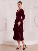 A Line Cocktail Dresses V Neck Velvet Tea Length Tiered New Year's Evening Party Dresses Back Zipper