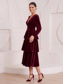 A Line Cocktail Dresses V Neck Velvet Tea Length Tiered New Year's Evening Party Dresses Back Zipper