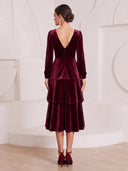 A Line Cocktail Dresses V Neck Velvet Tea Length Tiered New Year's Evening Party Dresses Back Zipper