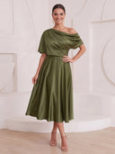 A Line Cocktail Dresses One Shoulder Satin Tea Length Formal Party Dresses with Pleats/Back Zipper