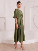 A Line Cocktail Dresses One Shoulder Satin Tea Length Formal Party Dresses with Pleats/Back Zipper