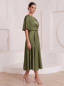 A Line Cocktail Dresses One Shoulder Satin Tea Length Formal Party Dresses with Pleats/Back Zipper