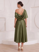 A Line Cocktail Dresses One Shoulder Satin Tea Length Formal Party Dresses with Pleats/Back Zipper