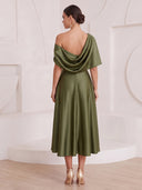 A Line Cocktail Dresses One Shoulder Satin Tea Length Formal Party Dresses with Pleats/Back Zipper