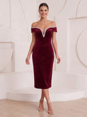 Meramid Cocktail Dresses Off Shoulder Velvet Tea Length New Year's Party Dresses with Beads/Back Zipper