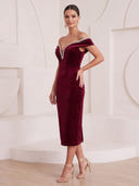 Meramid Cocktail Dresses Off Shoulder Velvet Tea Length New Year's Party Dresses with Beads/Back Zipper