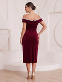 Meramid Cocktail Dresses Off Shoulder Velvet Tea Length New Year's Party Dresses with Beads/Back Zipper